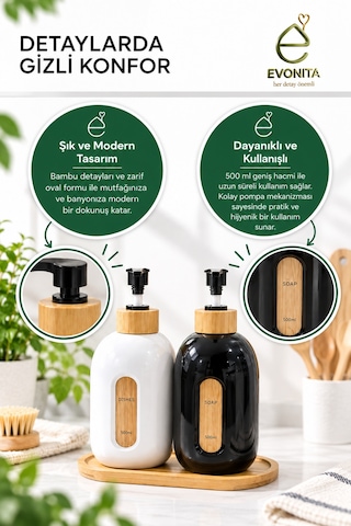 Evonıta 2 Li 500 Ml Bambu Detaylı Sıvı Sabunluk Ve Deterjanlık Seti Siyah Beyaz Pompalı Dispenser Bambu Standlı Beyaz - Siyah