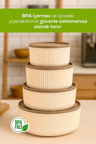 Vienev 4'lü Yuvarlak Saklama Kabı Seti Çizgili Bej 2.5l 1.5l 0.80l 0.45l Mikrodalga Ve Dondurucu Uyumlu Bej