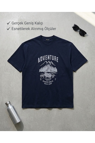 Büyük Beden Bisiklet Yaka Baskılı Erkek Tshirt Lacivert