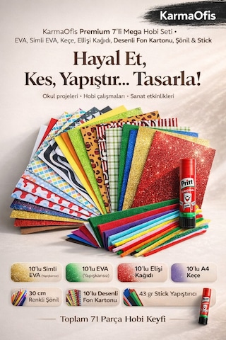 Mega Okul & Hobi Seti 71 Parça Eva, Keçe, Fon Kartonu, Şönil, Elişi Kağıdı + Yapıştırıcı