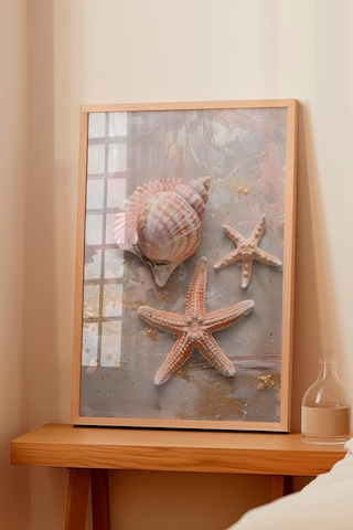 Zestia Ahşap Çerçeveli Tablo, Deniz Kabukları Ve Yıldız, Banyo Dekoru Poster No: 112014 30 X 40