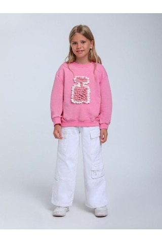 Kız Çocuk Parfüm Şişesi Örgü Detaylı Sweatshirt-14314 Pembe
