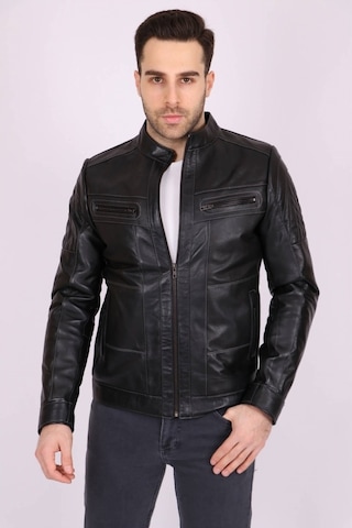 Erkek Siyah Hakiki Deri Hakim Yaka Omuzları Baklava Dikişli Spor Mont