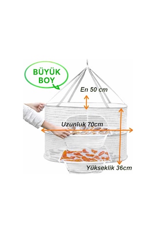 2 Raflı Bölmeli Açık Havada Güneşte Bitki Meyve Sebze Balık Kurutma Filesi Askısı Aparatı Aleti70x50 Beyaz