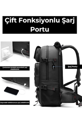 Su Geçirmez 17.3" İnç 60l Ayakkabı Bölmeli Seyahat Sırt Çantası - Laptop Bölmeli, Usb Şarj Girişli Siyah