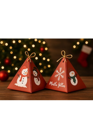 Kırmızı Kardan Adam Konsept 10'lu Piramit Kutu - Hediye Kutusu - Yılbaşı Kutusu - Yılbaşı Hediyesi