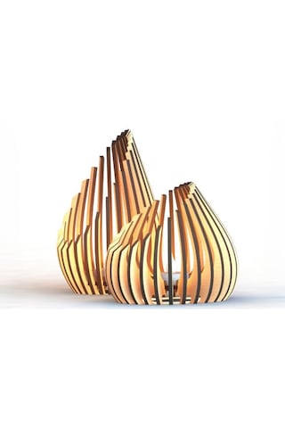 Damla 2'li Tealight Mumluk Ahşap Mumluk + Led Pilli Mum Ham Mdf