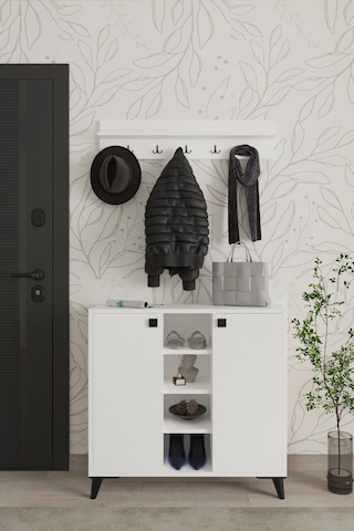 Albena 2 Kapaklı Ayakkabılık, Vestiyer, Portmanto, Askılık, 90 Cm, Beyaz Beyaz