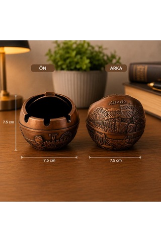 Kapaklı Metal Küllük Açılır Kapanır Dekoratif Masa Üstü Küllük Vintage Bakır 7.5 Cm