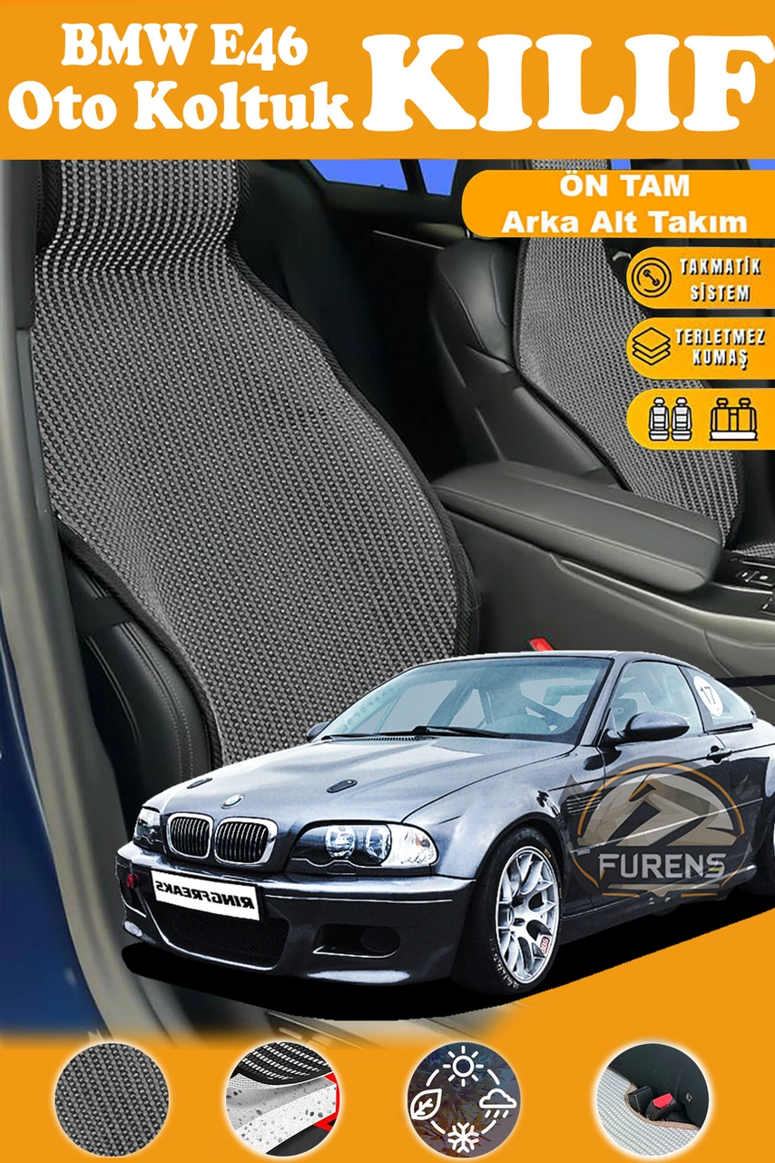Bmw E46 Uyumlu Siyah Prestij Serisi Dokuma Kumaş Oto Koltuk Kılıfı Ön Tam Arka Alt