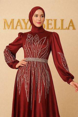 Mayabella Saten Yaprak Desenli Taş Detaylı Tesettür Abiye Bordo