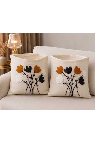 2 Li Punch İşleme Kırlent Kılıfı Fermuarlı 45x45 Cm Krem