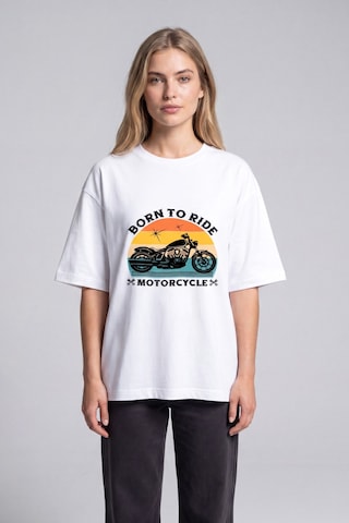 Black Nova Oversize Baskılı Unisex %100 Pamuk T-shirt Born To Ride Beyaz