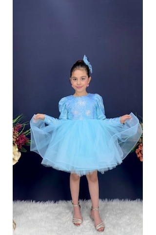 Gren Etek Pul Payet Uzun Kol Kız Çocuk Abiye Elbise 001