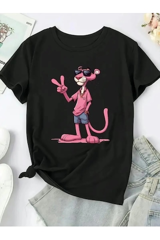 Wear Vexel Kadın Tişört Pembe Panter Baskılı Bisiklet Yaka Kısa Kol T-shirt - Beyaz Çok Renkli
