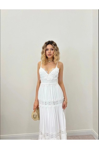 Elora Atelier Sırt Bağlama Dantelli Beyaz Maxi Elbise Çok Renkli