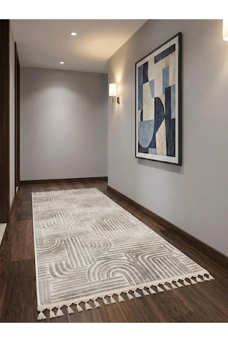 Kaymaz Taban Krem Bej Modern Desenli Yıkanabilir Saçaklı Salon Oturma Odası Mutfak Halı Yolluk