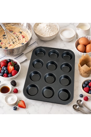12'li Teflon Muffin Kalıbı Yapışmaz Cupcake Kek Pişirme Tepsisi 12 Gözlü Fırın Kalıbı Sariva Home 12v