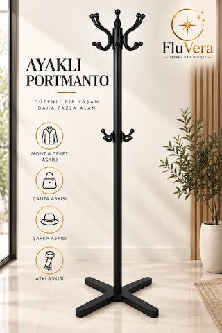 Ayaklı Portmanto Çoklu Kancalı Elbise Askılığı Mont Kaban Çanta Şapka Askısı Antre Askılık Siyah