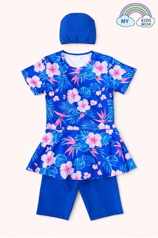 My Kids Wear Kız Çocuk Desenli Şortlu Bone Li Mayo Takımı 12570 Mavi