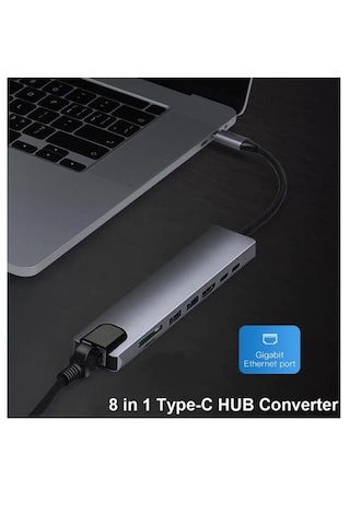 Type C To Hdmi Usb 3.0 Sd Microsd 8 İn 1 Kart Rj45 Ethernet Çevir