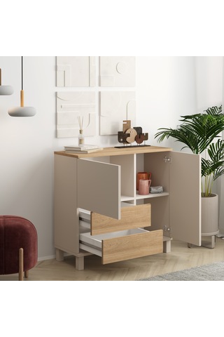Robin Home Urban Çok Amaçlı Dolap Ahşap Ayaklı 2 Kapaklı 2 Çekmeceli Kumsal-sepet Bej