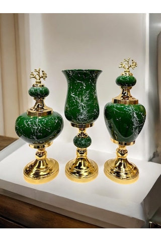 3'lü Dekoratif Prestij Dekoratif Vazo Set - Yeşil Yeşil