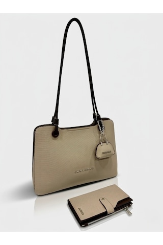 Just Polo Lüks Tasarım Model Büyük Boy Premium Gümüş Logolu El Çantası Ve Cüzdanı Kombin Tote Bag Shopper 22 X 34 Cm Kum Kahve Kombin
