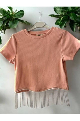 Zekids Kız Çocuk Zincirli Fitilli Crop T-shirt-14396 Somon