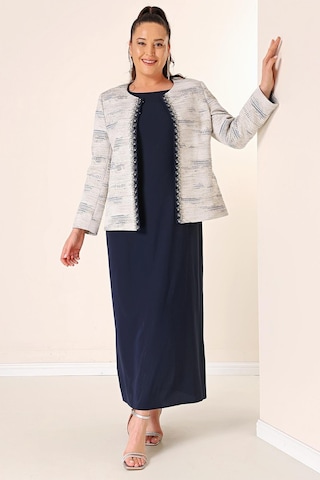 Kolsuz Uzun Elbise Taş Detaylı Jakarlı Büyük Beden Astarlı 2'li Takım-35344-lacivert Lacivert