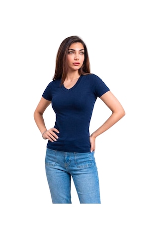 Thiff Kadın Ribana Buzy V Yaka T-shirt Tişört Lacivert