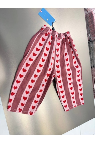Magu Kız Çocuk Pamuklu Kalp Desenli Pembe Çizgili Bol Paça Pantolon Çok Renkli