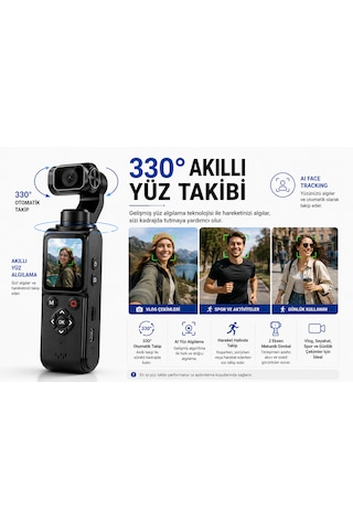 4k Vlog Kamerası 64mp 2 Eksen Mekanik Gimbal 330 Akıllı Yüz Takibi 1.7'' Hd Dokunmatik Ekran Wifi Webcam Type-c