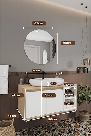Gül Beyaz 90 Cm Banyo Dolabı Ayna Lavabo Beyaz