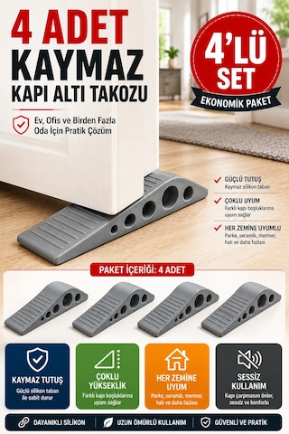 4 Adet Gri Silikon Kapı Altı Stoperi Kaydırmaz Kapı Durdurucu 12 Cm Kapı Sabitleyici