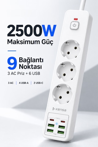 Akım Korumalı Priz 3'lü 4x Usb-a + 2x Usb-c 2 Metre Kablo 0 - 2 M