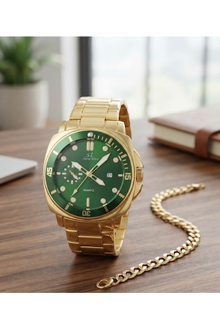 Erkek Bezel Kol Saati Bileklik Hediyeli Yeşil Kadran Takvimli Çelik Kordon Quartz Analog Saat Frn09