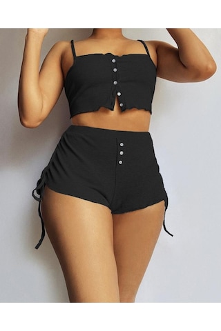 Munn Collection Kadın Ip Askılı Crop Bluz Ve Yanlardan Büzgülü Ikili Kaşkorse Short Takım Siyah