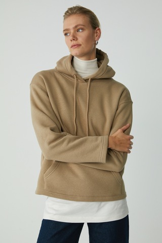 Ethıquet Pıper Kadın Içi Polarlı Yumuşacık Comfort Fit Kapüşonlu Kanguru Cepli Bej Sweatshirt