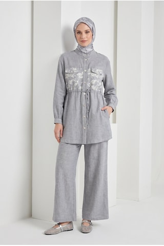Armine Trend Çiçek Desenli Beli Büzgülü Tunik Ve Geniş Paça Pantolonlu Takım İndigo 26yt6156