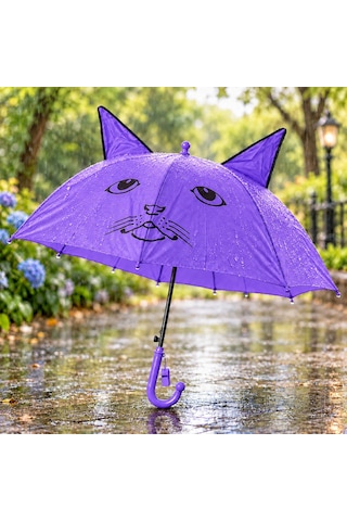 Mubx Kedi Kulaklı Çocuk Şemsiyesi 76 Cm Çap Sevimli Figürlü Düdüklü Yağmur Şemsiyesi Mor