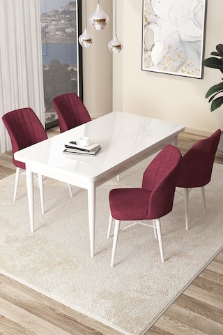 Canisa Arp Serisi, Beyaz Masa 71x110 Sabit Yemek Odası Takımı, 4 Bordo Sandalye Beyaz Masa Sandalye Bordo