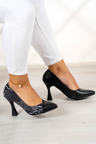 Jatqılı Plus Siyah Yılan Kadeh Topuklu Ayakkabı Siyah Yılan