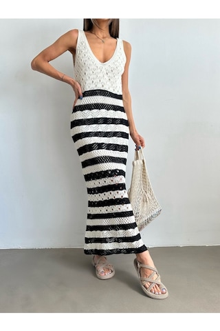 Kadın Askılı Ajurlu Yazlık Triko Elbise Krem - Siyah