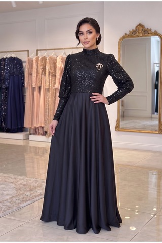 Dorne Moda Üstü Pul Paletli Altı Saten Kloş Detaylı Mezuniyet Ve Nişan Abiye Elbise Siyah Siyah