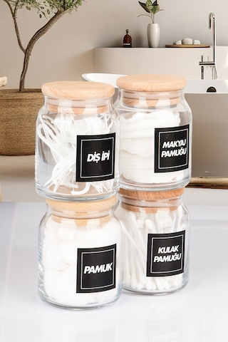 4'lü Ahşap Vakumlu Kapaklı Kulak Pamuğu Makyaj Pamuğu Diş İpi Ve Pamuk Kavanozu 300 Ml Şeffaf