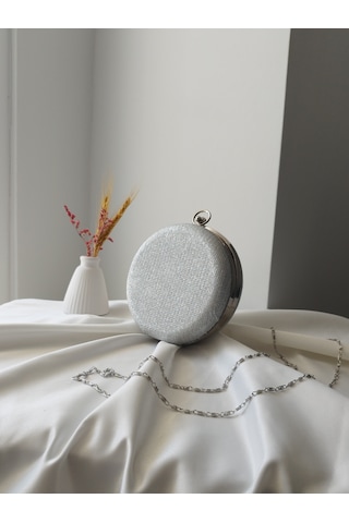 Vivazzaluxe Modern Yuvarlak Model Simli Düğün Nişan Gelin Kadın Abiye Clutch Çanta Gümüş