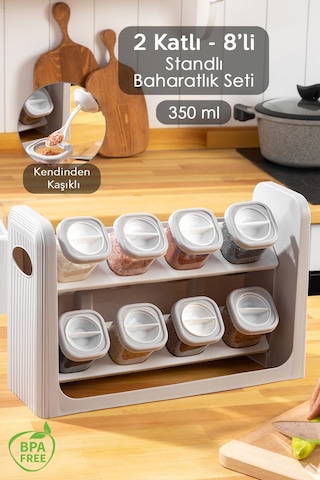 8'li Standlı, Kilitlenebilir Kapaklı Hava Almaz Baharatlık Seti - Bej