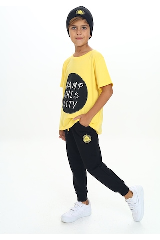 Toontoy Kids Toontoy Erkek Çocuk 2'li Takım Baskılı Bisiklet Yaka Kısa Kollu T-shirt & Beli Paçası Lastikli Cepli Jogger Eşofman Altı - Renk Bloklu & 2 İplik Sarı