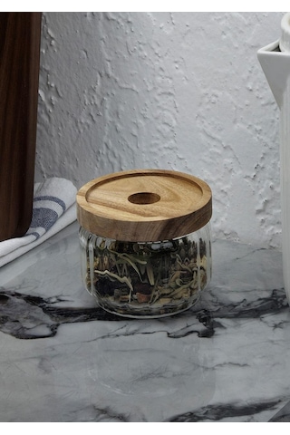 Timber Cam Kavanoz - Çizgili Saklama Kavanozu - Ahşap Kapaklı, 300 Ml